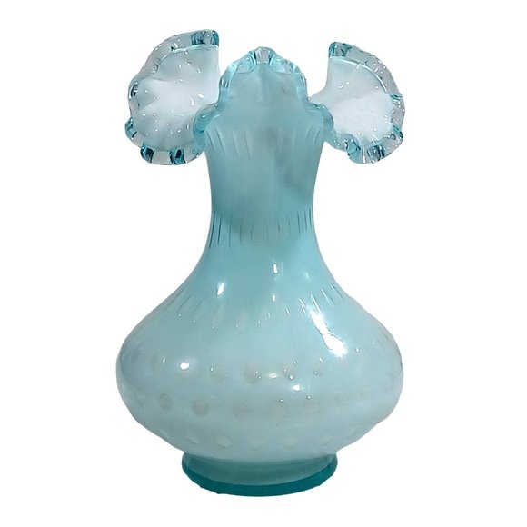 FENTON AQUA POWDER BLUE BUBBLE OPTIC FLUTED TOP CRESTED OVERLAY VASE RUFFLED - Picture 10 of 11